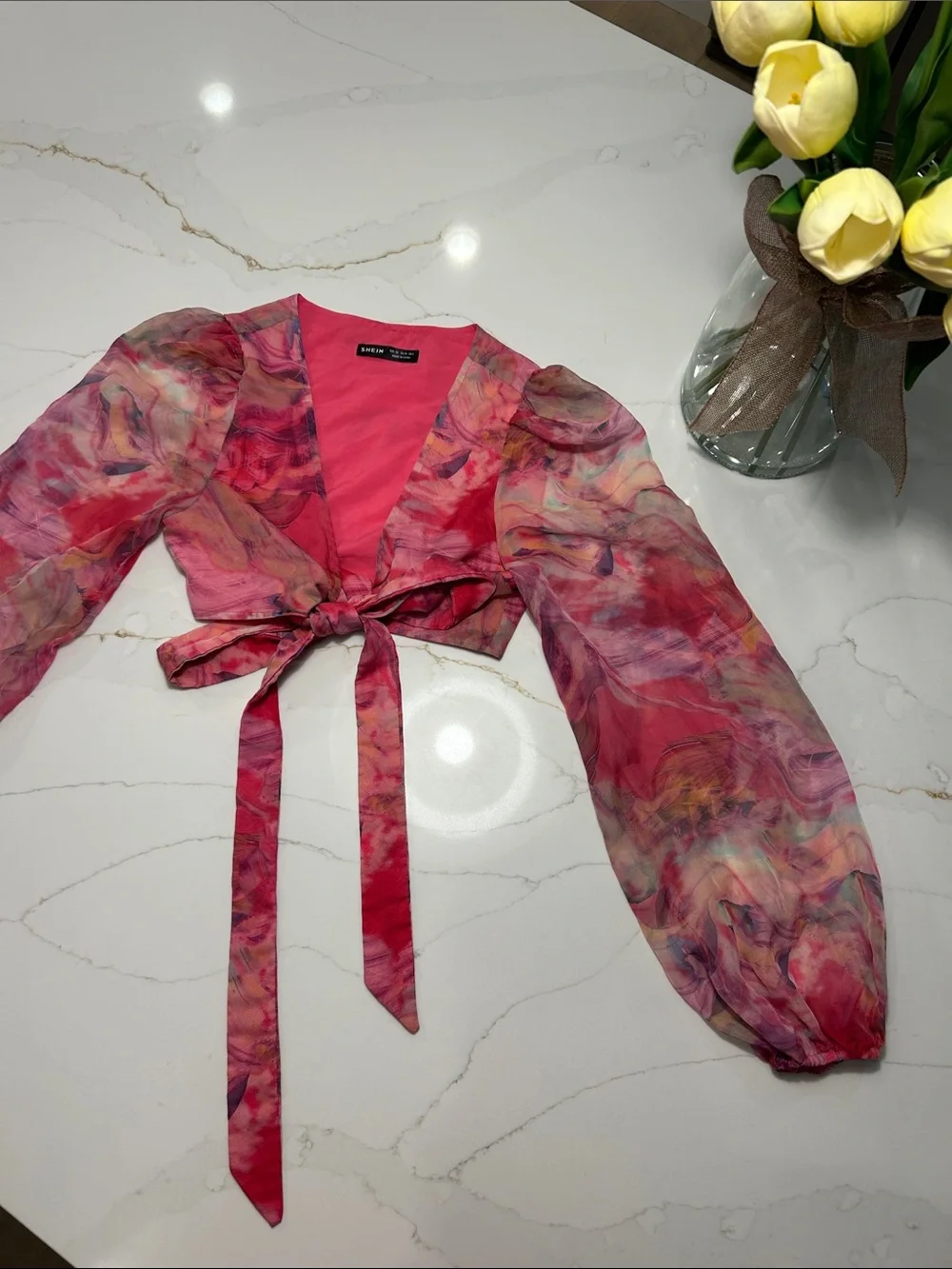 SHEIN Hot Pink Marble Watercolor Wrap Crop Top